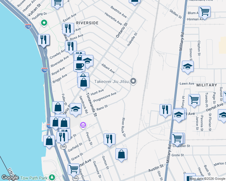 map of restaurants, bars, coffee shops, grocery stores, and more near 82 Gallatin Avenue in Buffalo