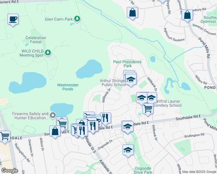 map of restaurants, bars, coffee shops, grocery stores, and more near 211 Millbank Drive in London