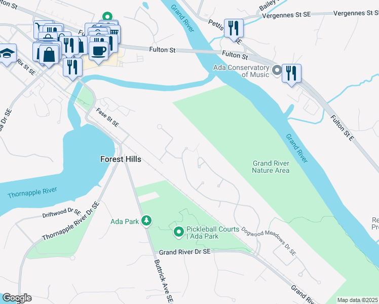 map of restaurants, bars, coffee shops, grocery stores, and more near 7629 Thornapple Club Drive Southeast in Ada