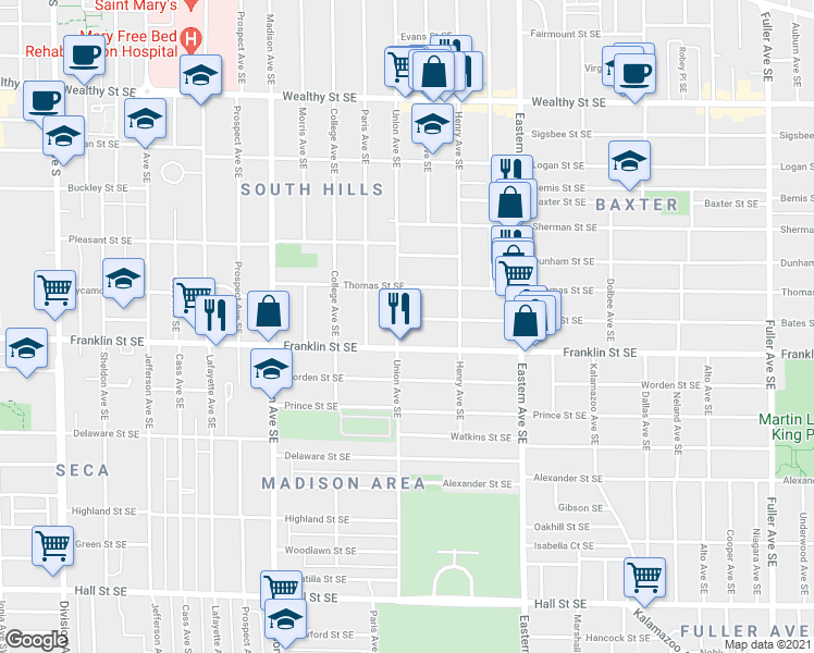 map of restaurants, bars, coffee shops, grocery stores, and more near 721 Union Avenue Southeast in Grand Rapids