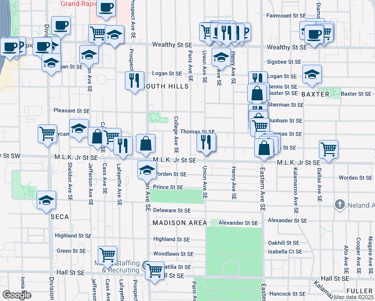 map of restaurants, bars, coffee shops, grocery stores, and more near 725 Paris Avenue Southeast in Grand Rapids