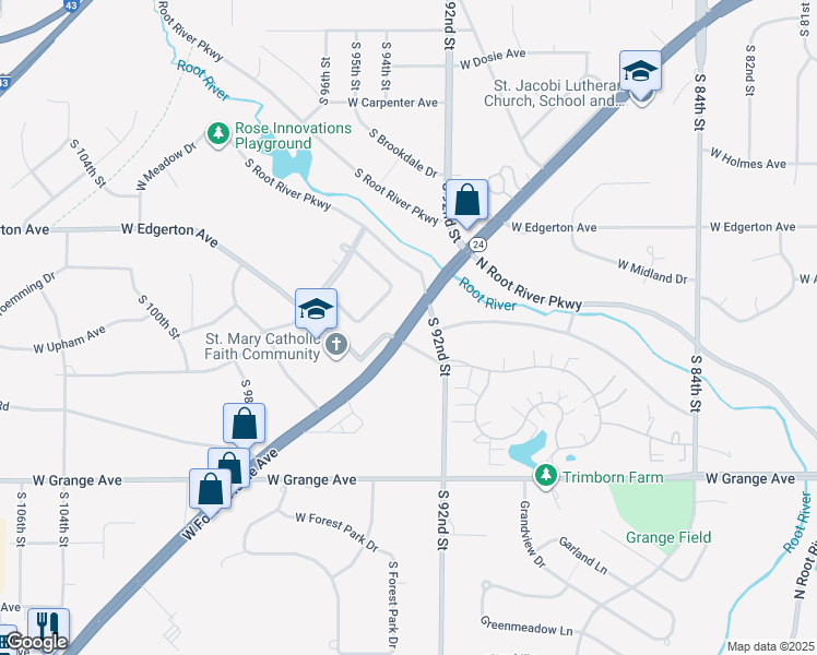 map of restaurants, bars, coffee shops, grocery stores, and more near in Greendale