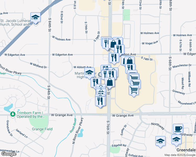map of restaurants, bars, coffee shops, grocery stores, and more near 5201 South 76th Street in Greendale