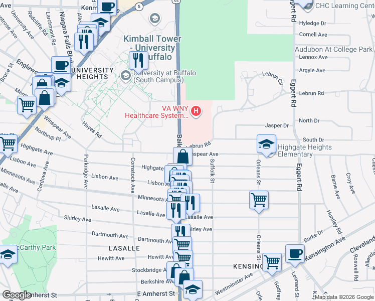 map of restaurants, bars, coffee shops, grocery stores, and more near 372 Winspear Avenue in Buffalo