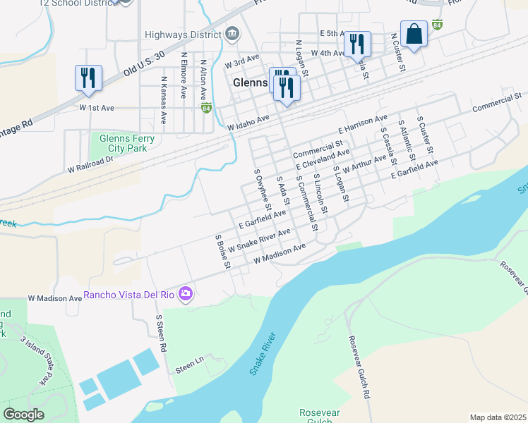 map of restaurants, bars, coffee shops, grocery stores, and more near 184 West Garfield Avenue in Glenns Ferry
