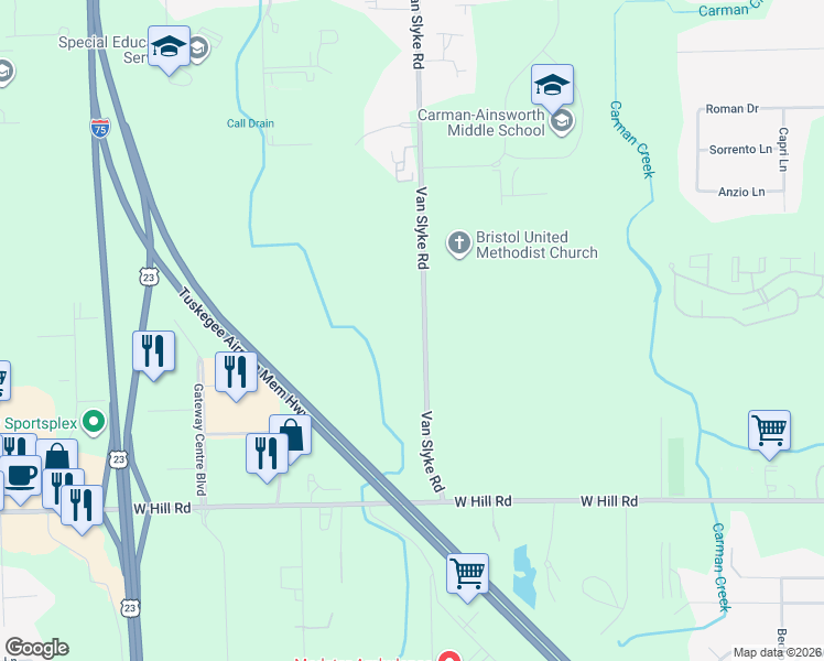 map of restaurants, bars, coffee shops, grocery stores, and more near 5346 Van Slyke Road in Flint