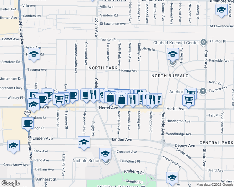 map of restaurants, bars, coffee shops, grocery stores, and more near 162 North Park Avenue in Buffalo