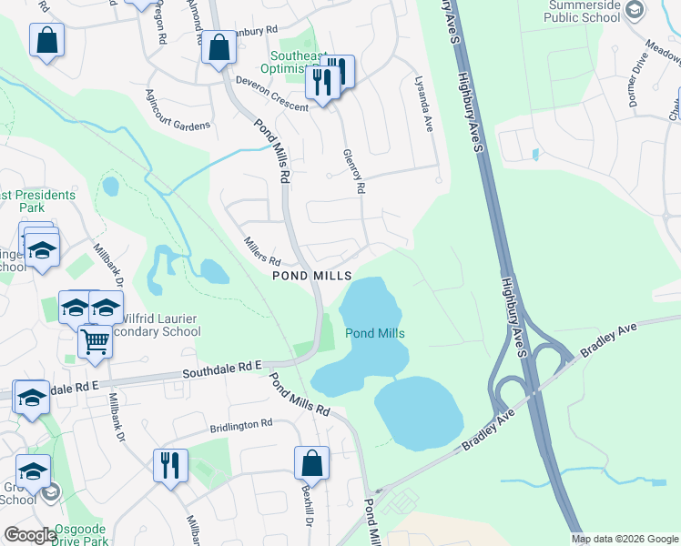 map of restaurants, bars, coffee shops, grocery stores, and more near 1085 Pond View Road in London