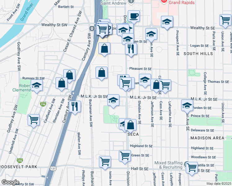 map of restaurants, bars, coffee shops, grocery stores, and more near 43-99 Graham St SW in Grand Rapids
