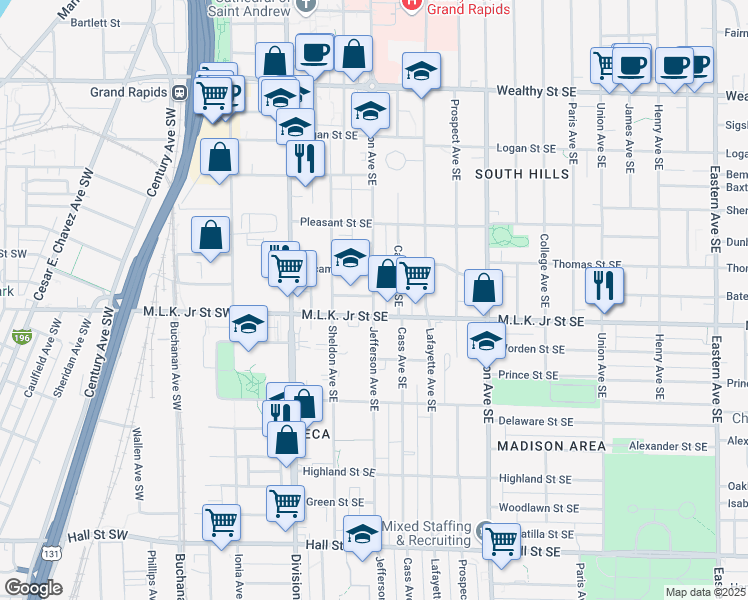 map of restaurants, bars, coffee shops, grocery stores, and more near 726 Jefferson Avenue Southeast in Grand Rapids