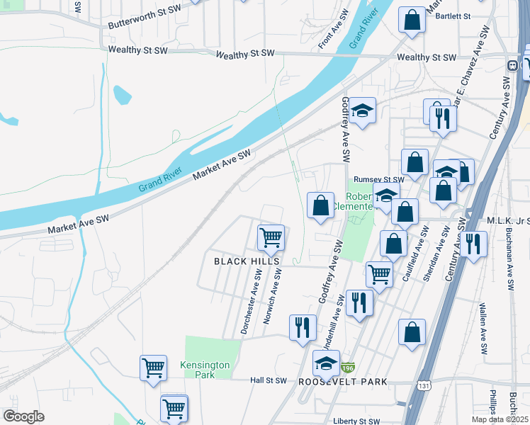 map of restaurants, bars, coffee shops, grocery stores, and more near 772 Dorchester Avenue Southwest in Grand Rapids