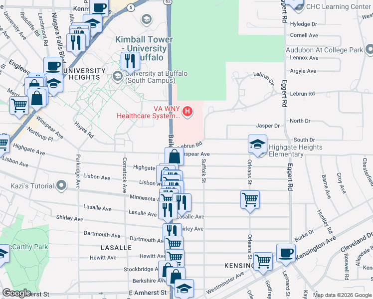 map of restaurants, bars, coffee shops, grocery stores, and more near 3447 Bailey Avenue in Buffalo
