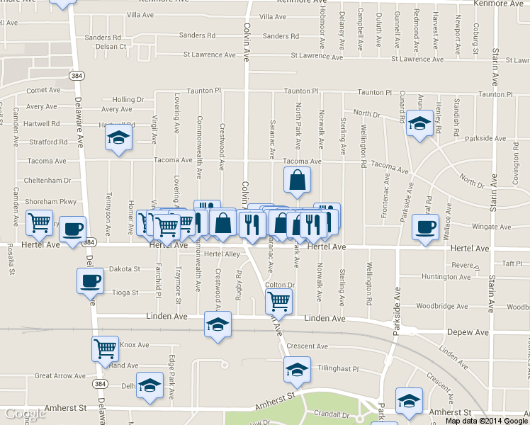 map of restaurants, bars, coffee shops, grocery stores, and more near 126 Saranac Avenue in Buffalo
