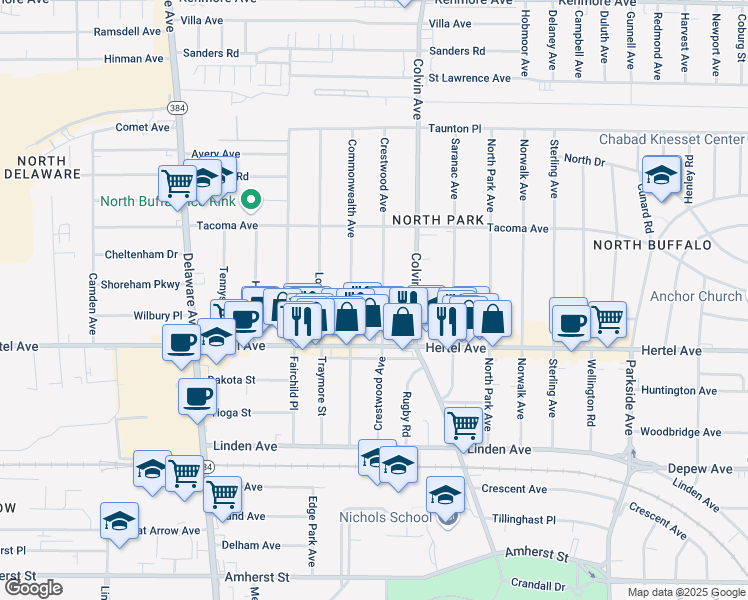 map of restaurants, bars, coffee shops, grocery stores, and more near 162 Crestwood Avenue in Buffalo