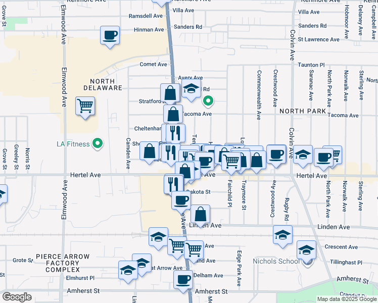 map of restaurants, bars, coffee shops, grocery stores, and more near 55 Tennyson Avenue in Buffalo