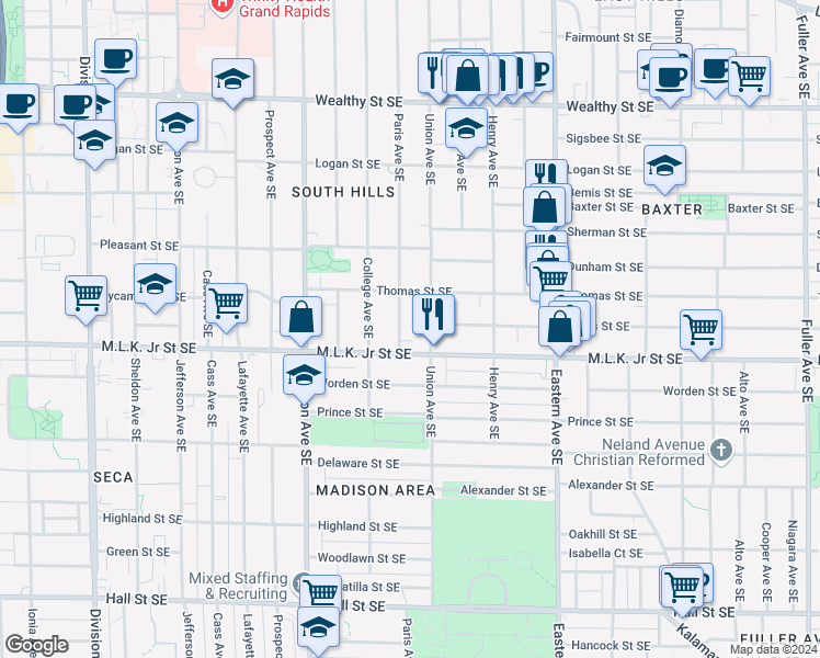 map of restaurants, bars, coffee shops, grocery stores, and more near 721 Union Avenue Southeast in Grand Rapids