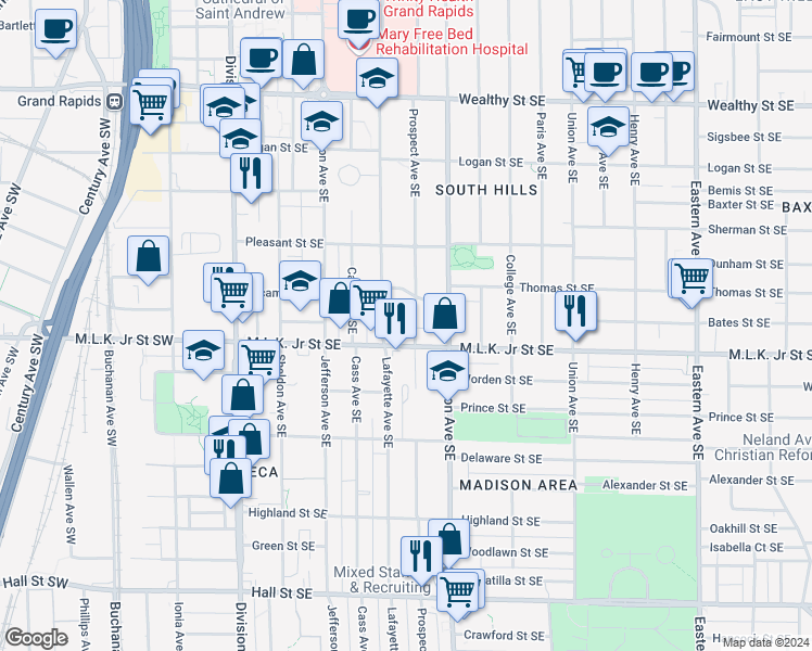 map of restaurants, bars, coffee shops, grocery stores, and more near 719 Prospect Avenue Southeast in Grand Rapids