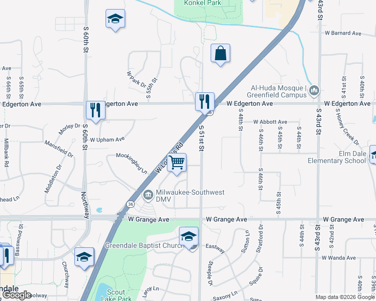 map of restaurants, bars, coffee shops, grocery stores, and more near 5215 West Loomis Road in Greendale