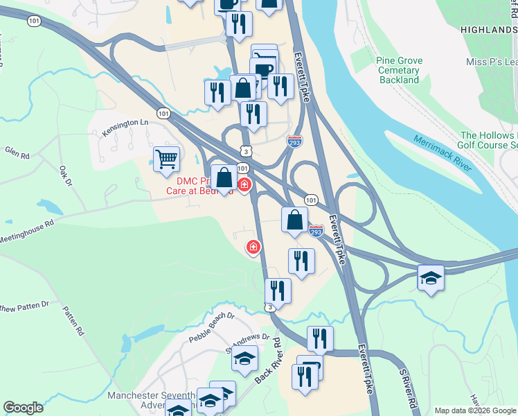 map of restaurants, bars, coffee shops, grocery stores, and more near 163 South River Road in Bedford
