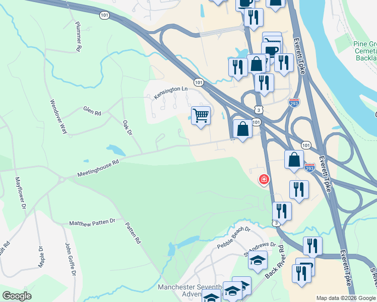 map of restaurants, bars, coffee shops, grocery stores, and more near 181 Meetinghouse Road in Bedford