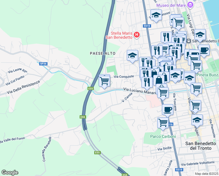 map of restaurants, bars, coffee shops, grocery stores, and more near 128 Via Luciano Manara in San Benedetto del Tronto