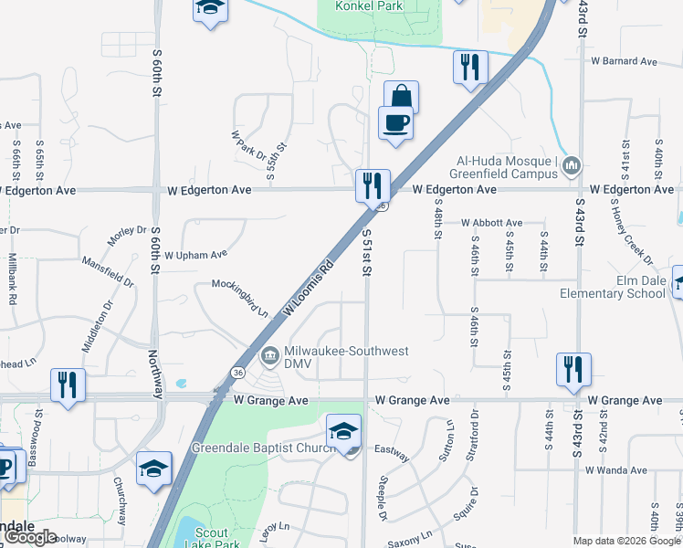 map of restaurants, bars, coffee shops, grocery stores, and more near 5215 West Loomis Road in Greendale