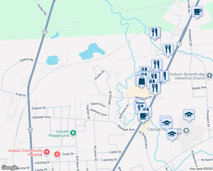 map of restaurants, bars, coffee shops, grocery stores, and more near 149 Murray Street in Auburn