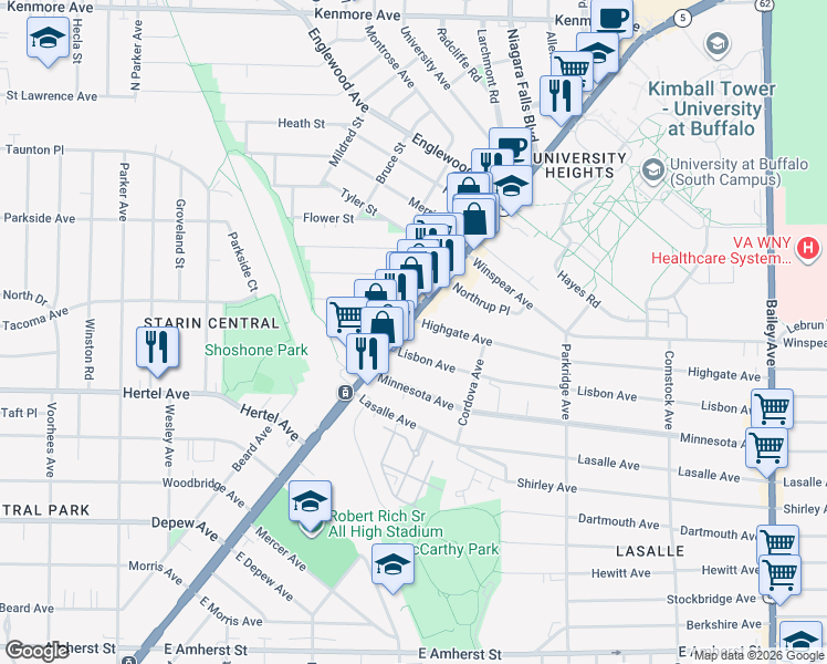 map of restaurants, bars, coffee shops, grocery stores, and more near 3112 Main Street in Buffalo