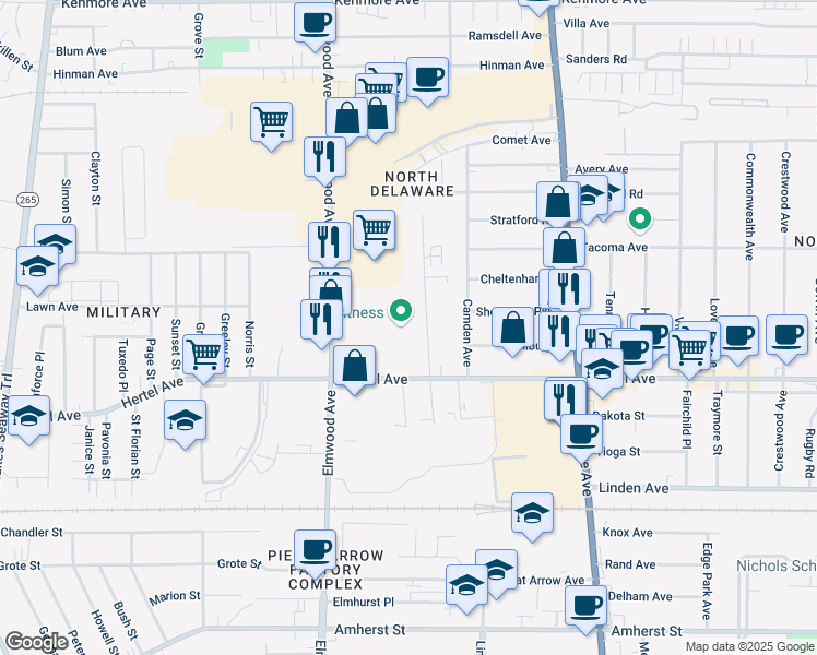 map of restaurants, bars, coffee shops, grocery stores, and more near 84 Botsford Place in Buffalo