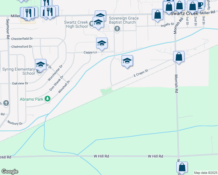 map of restaurants, bars, coffee shops, grocery stores, and more near 8230 East Crapo Street in Swartz Creek