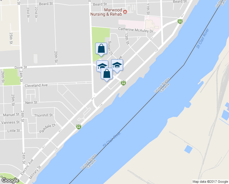 map of restaurants, bars, coffee shops, grocery stores, and more near 2947 Military Street in Port Huron