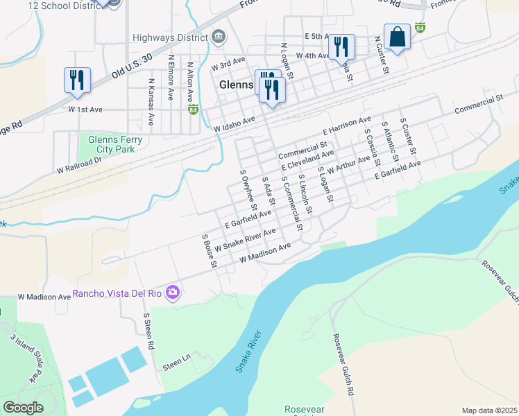 map of restaurants, bars, coffee shops, grocery stores, and more near 184 West Garfield Avenue in Glenns Ferry
