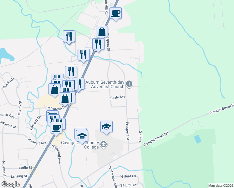 map of restaurants, bars, coffee shops, grocery stores, and more near 5 Boyle Avenue in Auburn