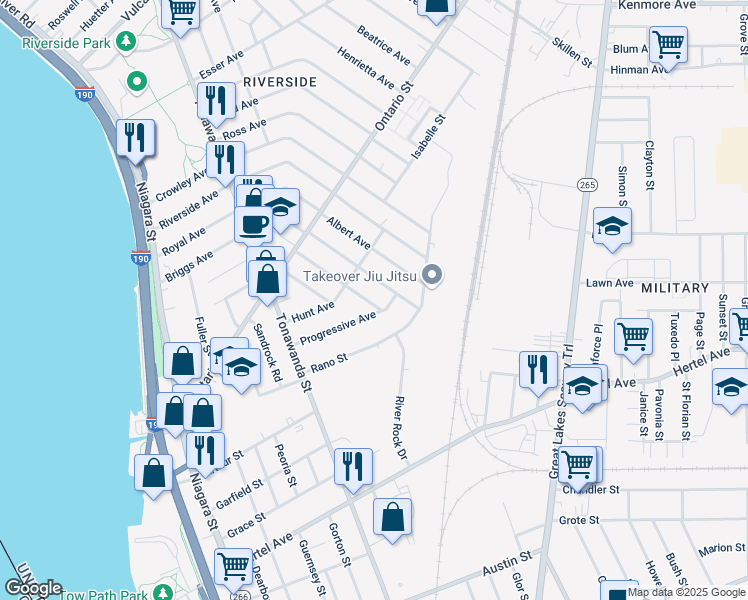 map of restaurants, bars, coffee shops, grocery stores, and more near 106 Gallatin Avenue in Buffalo