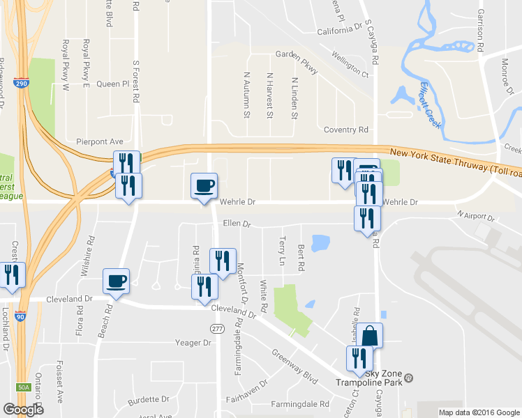 map of restaurants, bars, coffee shops, grocery stores, and more near 849 Wehrle Dr in Buffalo