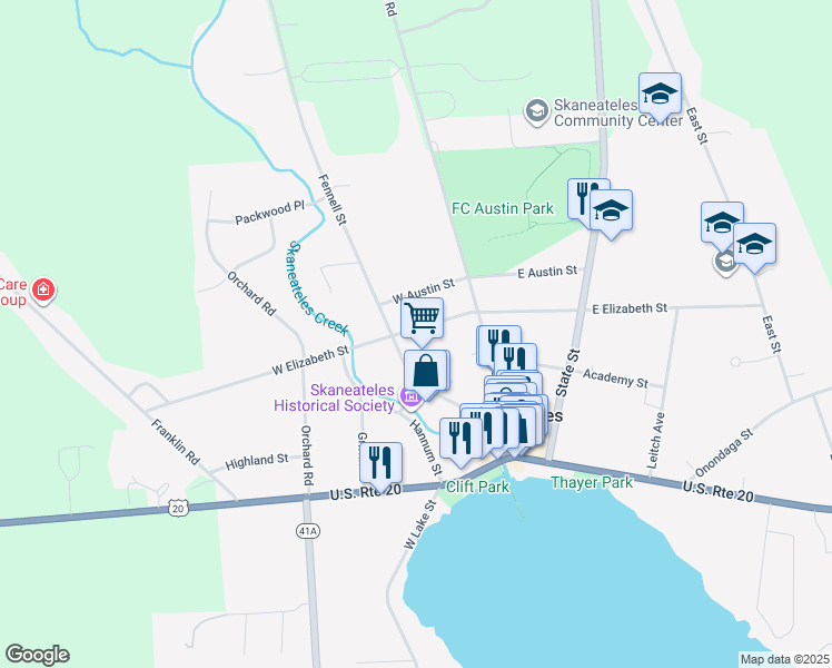 map of restaurants, bars, coffee shops, grocery stores, and more near 17 West Elizabeth Street in Skaneateles