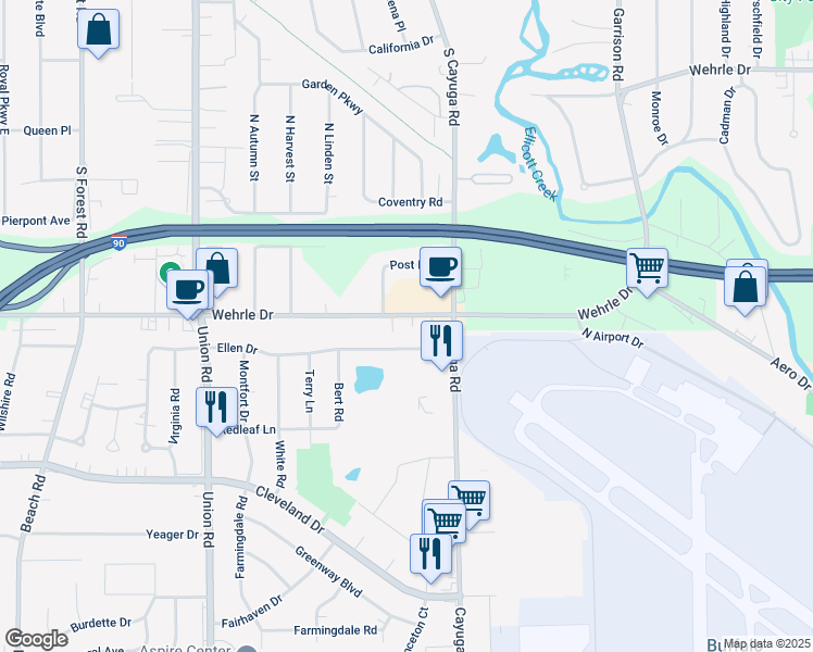 map of restaurants, bars, coffee shops, grocery stores, and more near 1011 Wehrle Drive in Buffalo