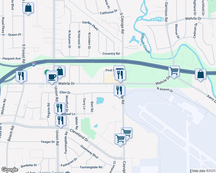 map of restaurants, bars, coffee shops, grocery stores, and more near 1011 Wehrle Drive in Buffalo