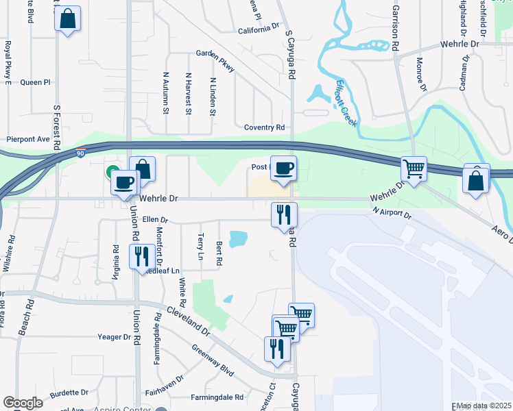 map of restaurants, bars, coffee shops, grocery stores, and more near 1011 Wehrle Drive in Buffalo
