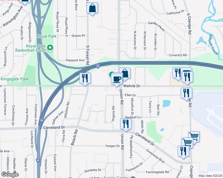 map of restaurants, bars, coffee shops, grocery stores, and more near 767 Wehrle Drive in Buffalo