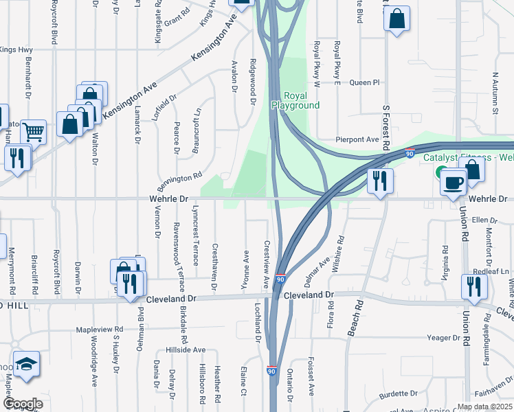 map of restaurants, bars, coffee shops, grocery stores, and more near 455 Wehrle Drive in Buffalo