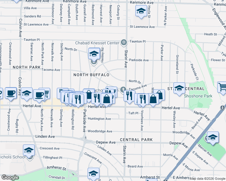 map of restaurants, bars, coffee shops, grocery stores, and more near 729 Tacoma Avenue in Buffalo
