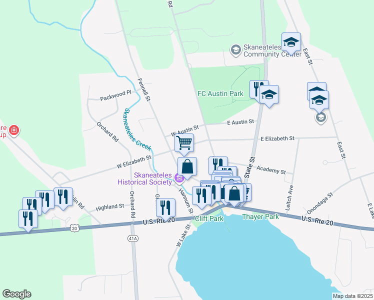 map of restaurants, bars, coffee shops, grocery stores, and more near 17 West Elizabeth Street in Skaneateles