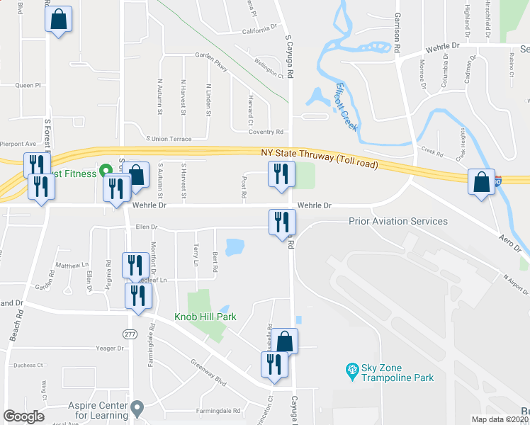 map of restaurants, bars, coffee shops, grocery stores, and more near 1029 Wehrle Drive in Buffalo