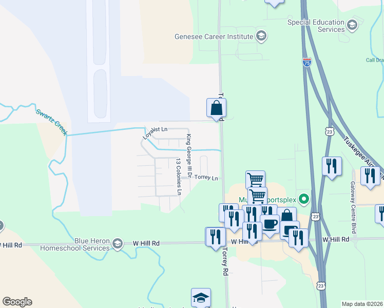 map of restaurants, bars, coffee shops, grocery stores, and more near 17 King George III Drive in Flint
