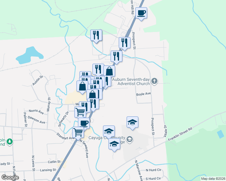 map of restaurants, bars, coffee shops, grocery stores, and more near 1100 Corporate Drive in Auburn