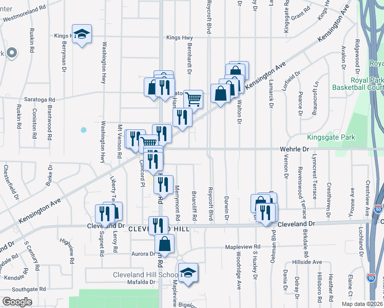 map of restaurants, bars, coffee shops, grocery stores, and more near 85 Wehrle Drive in Buffalo