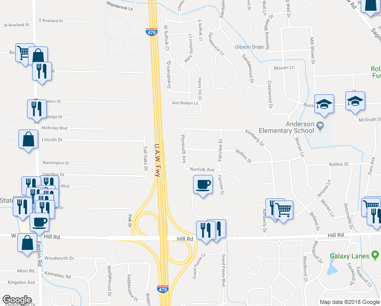 map of restaurants, bars, coffee shops, grocery stores, and more near 1306 Rollins Street in Grand Blanc