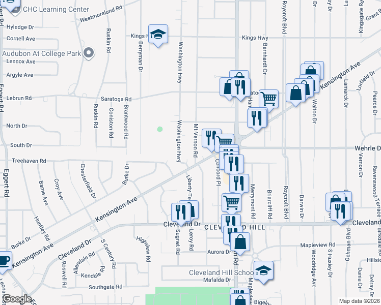 map of restaurants, bars, coffee shops, grocery stores, and more near 510 Mount Vernon Road in Buffalo