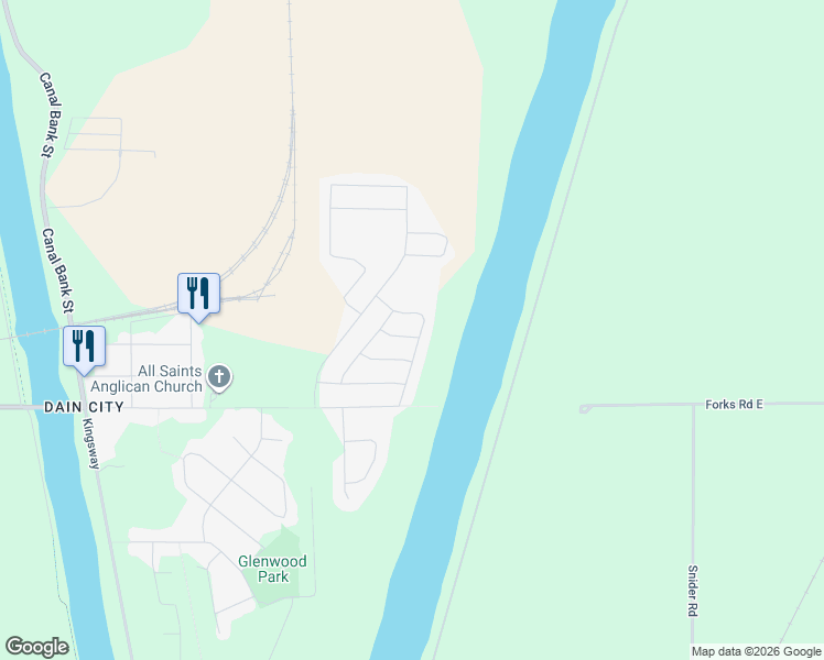 map of restaurants, bars, coffee shops, grocery stores, and more near 285 Forks Road East in Welland